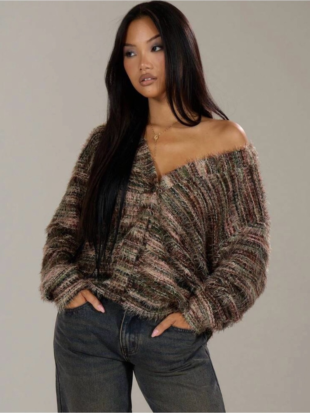 Off-Shoulder Multicolor Fuzzy Knit Women's Sweater